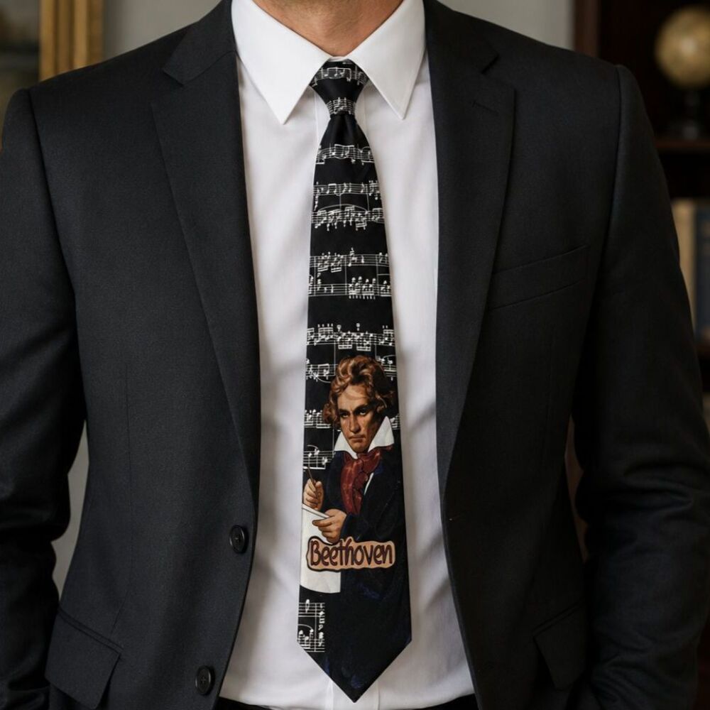 Fratelli Handmade Beethoven Music Notes Novelty Neck Tie Black Polyester Korea